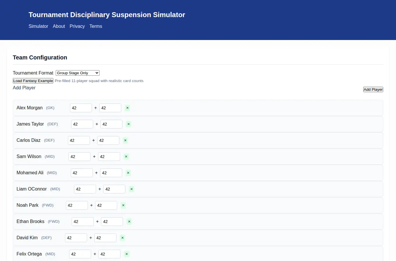 Screenshot of Tournament Disciplinary Suspension Simulator interface showing the project page in use